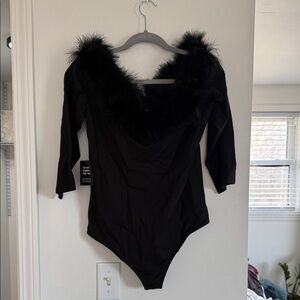 Express Black Faux Fur-Trim Off-Shoulder Bodysuit